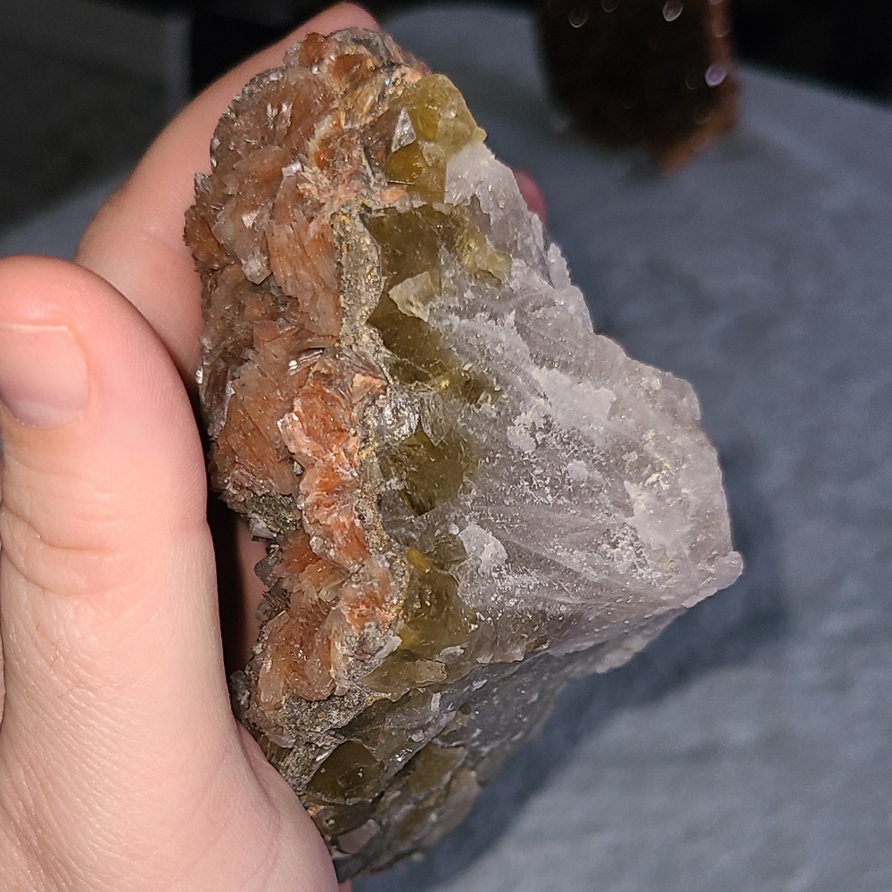 Rust Color Barite Roses On Yellow Fluorite - Picture 7 of 9